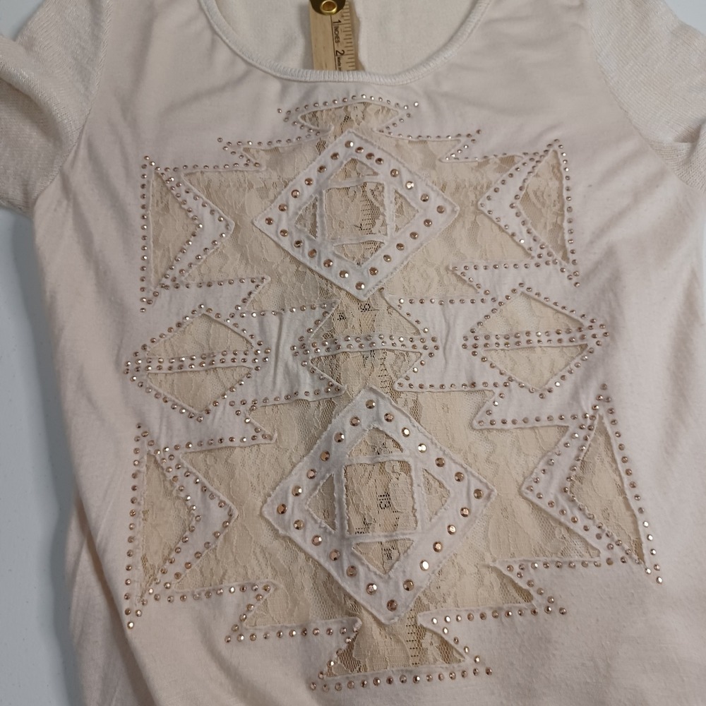 Women's Daytrip Beige Lightweight Sheer Studded Lace Long Sleeve Blouse Size Med - Picture 9 of 9
